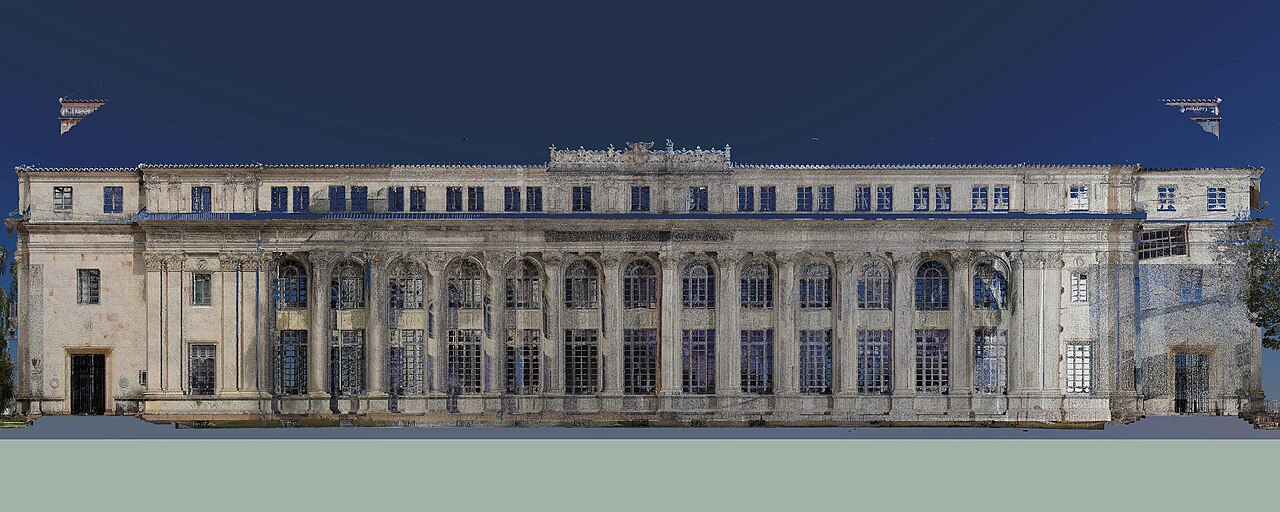 A 3D point cloud of a building, the kind of measurable scene that streams to the browser.