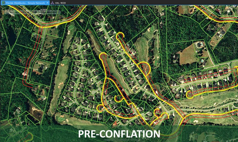 Pre-conflation: utility network overlaid on the old landbase, showing misalignment with the aerial imagery.